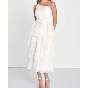 Sweetest Success White Organza Tiered One-Shoulder Midi Dress